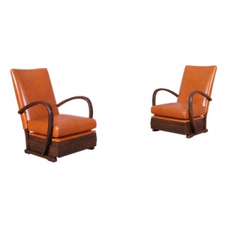 Vintage French Art Deco Leather and Walnut Lounge Chairs, 1940s For Sale
