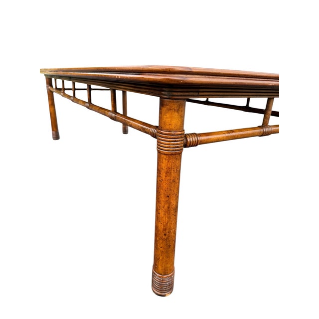 1970s Vintage Faux Bamboo Fruitwood Cocktail Table With Geometric Veneer Top For Sale - Image 5 of 9
