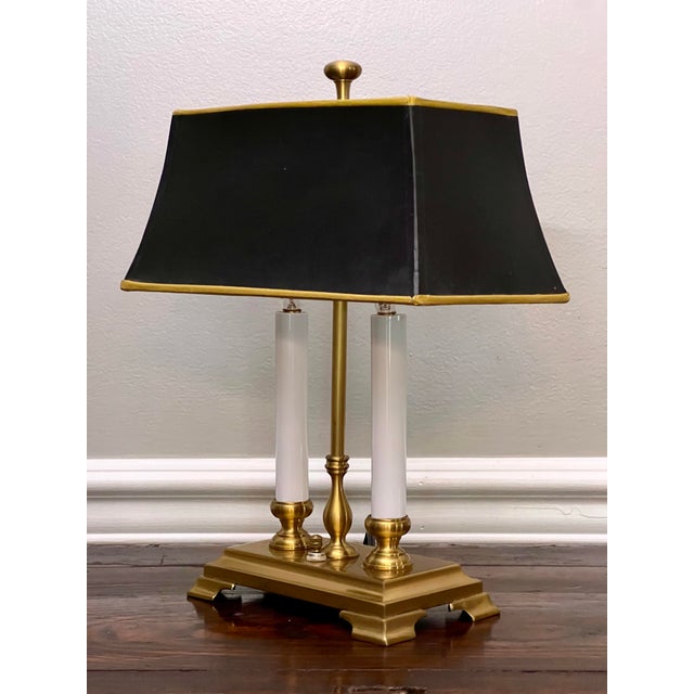 Traditional Late 20th Century Small Brass Twin Candle Bouillotte Style Lamp With Black Parchment Shade For Sale - Image 3 of 17