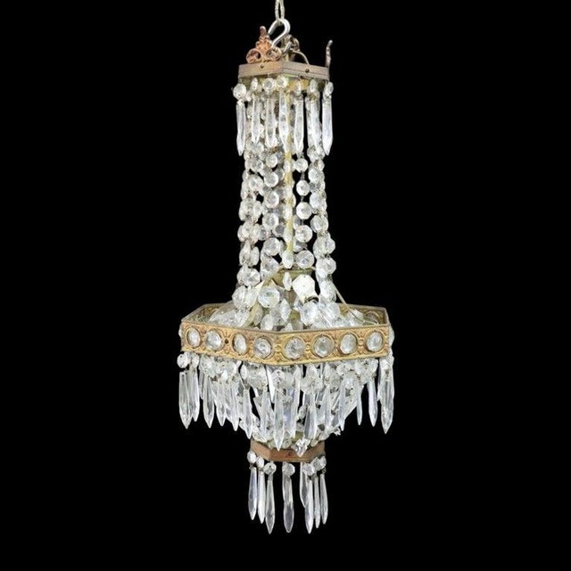 Vintage Italian Brass & Cut Crystal 3-Light Chandelier C1950 For Sale - Image 4 of 6