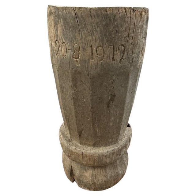 Beautiful antique hand carved teak vessel originally used for grinding rice. The soft bevelled side and date carved into...