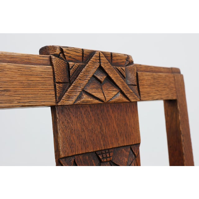 Amsterdam School Oak Side Chair with Geometric Carvings, Netherlands, 1920s For Sale - Image 11 of 12