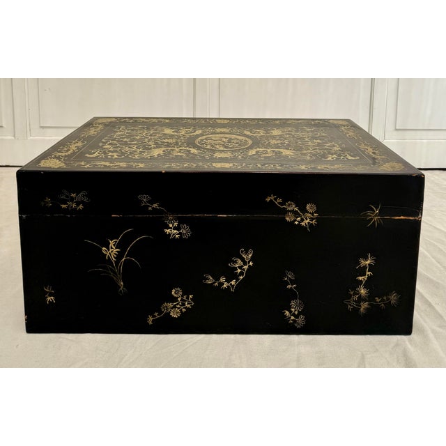 Chinoiserie Asian Black Lacquer and Gold Trunk Chest For Sale - Image 4 of 12