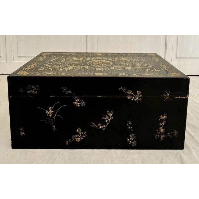 Early 20th Century Chinoiserie Asian Black Lacquer and Gold Trunk Chest For Sale - Image 4 of 12