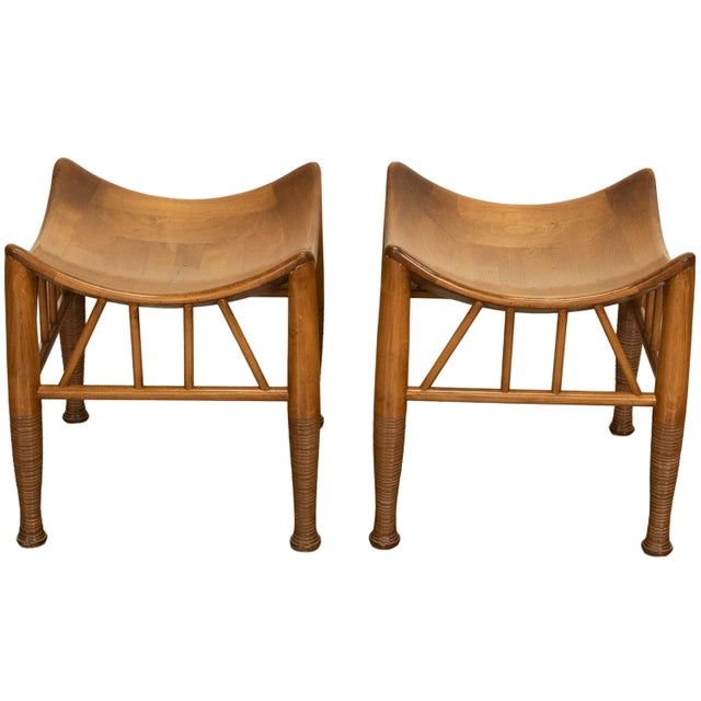 Pair of antique Arts & Crafts walnut Thebes stools designed by Leonard Wyburd for Liberty of London, England, Circa 1900...