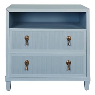 Matthew Izzo Home Corine Light Blue Matte Lacquer Fluted Front Two Drawer Side Table With Brass Drawer Pulls and Open Shelf For Sale