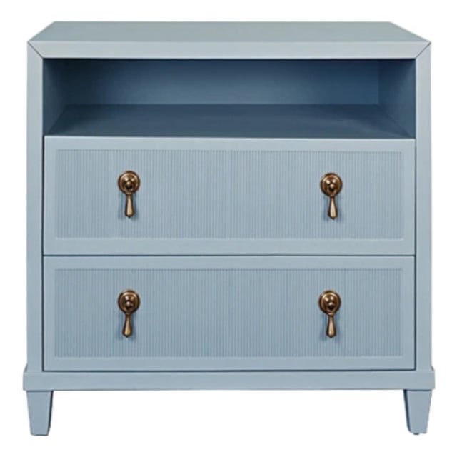 Matthew Izzo Home Corine Light Blue Matte Lacquer Fluted Front Two Drawer Side Table With Brass Drawer Pulls and Open Shelf For Sale