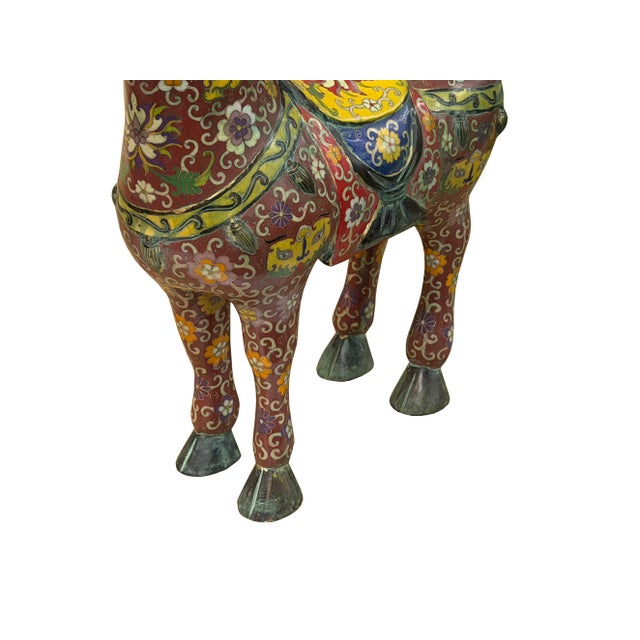 Vintage Oriental Chinese Reddish Maroon Cloisonne Metal Horse Figure A For Sale - Image 10 of 16