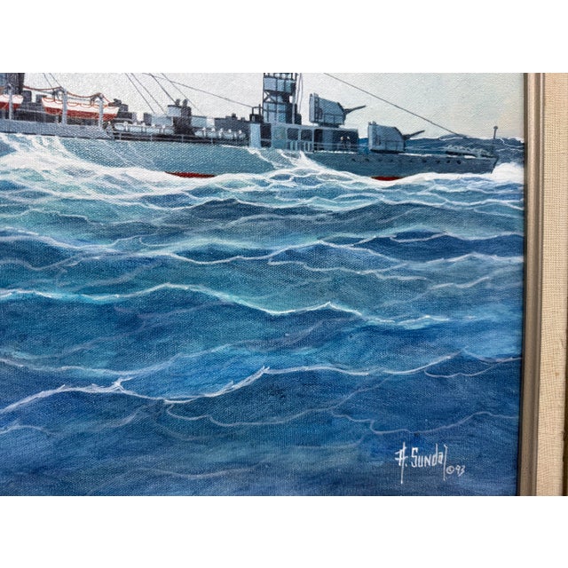 1970s Vintage Original A. Sundal u.s. Navy Battle Ship Boat Seascape Oil Painting 93 For Sale - Image 5 of 9