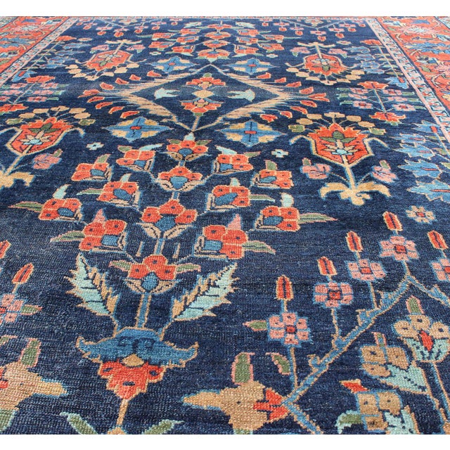 Early 20th Century Antique Persian Tabriz Carpet With Botanical Elements in Navy Blue, Red-Orange For Sale - Image 5 of 8