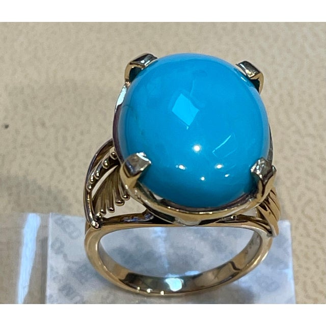 Vintage 12 Ct Natural Oval Sleeping Beauty Turquoise Ring, 14 Kt Yellow Gold For Sale - Image 17 of 18