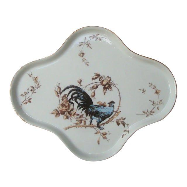 French Limoges Quatrefoil Vanity Tray Rooster For Sale