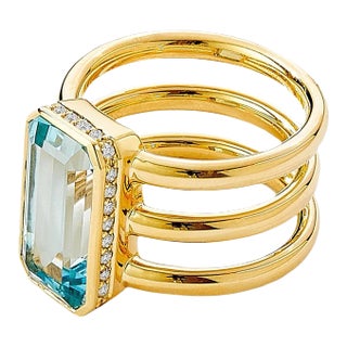 Syna Yellow Gold Geometrix Blue Topaz Ring with Diamonds For Sale