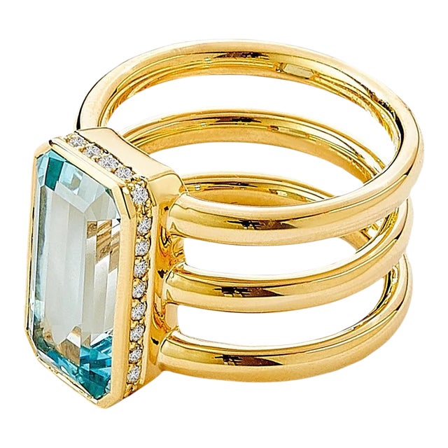 Syna Yellow Gold Geometrix Blue Topaz Ring with Diamonds For Sale