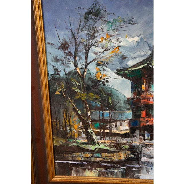 Textile Mid Century Modern Oil Painting Original Art Landscape Tower Home Signed Asian For Sale - Image 7 of 12