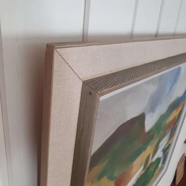 Oil on canvas, composed in a softened modernist language where landscape dissolves into color and form. Broad fields of...