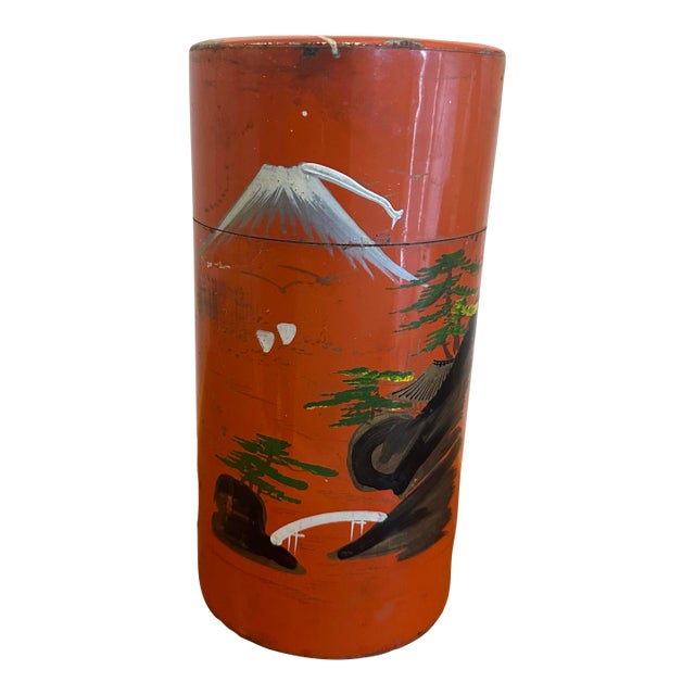 Vintage Japanese Red Lacquer Tea Canister With Hand-Painted Mount Fuji Scene For Sale