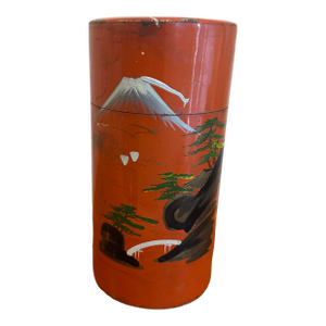 Vintage Japanese Red Lacquer Tea Canister With Hand-Painted Mount Fuji Scene