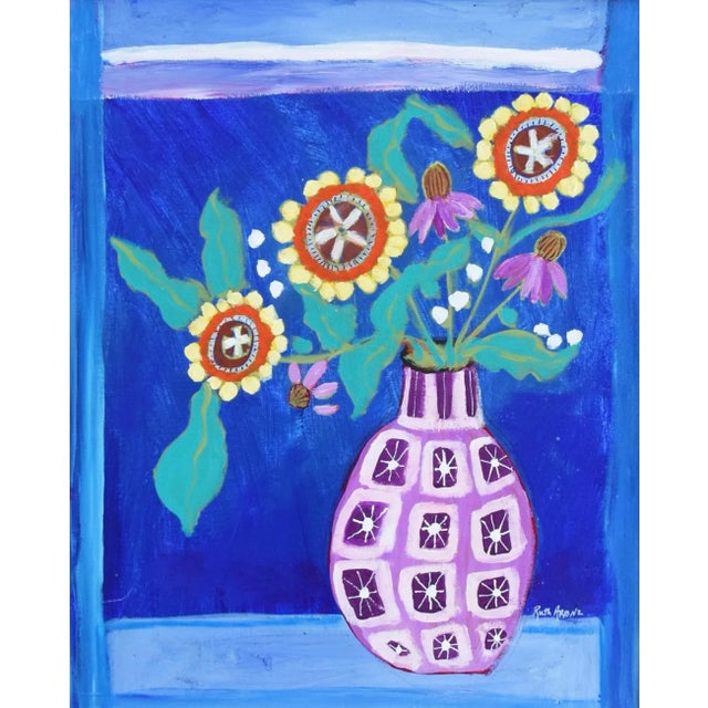 Colorful Bouquet Flowers in Vase Painting Including the Antiqued Gold Wood Frame For Sale - Image 4 of 7
