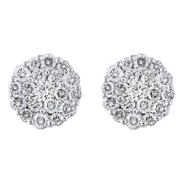 1.60 Carat Diamond Floral Cluster Flower Stud Earrings in 18 Karat White Gold For Sale