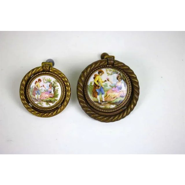 Metal Early 20th Century Porcelain Fragonard Aged Brass Pulls & Tie Backs With Two-Drawer Pulls - 4 Pieces For Sale - Image 7 of 8