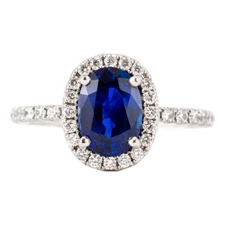 Ladies 18k White Gold 2.16ctw Gia Sri Lanka Sapphire Halo Diamond Cocktail Ring, Size 5.25 For Sale