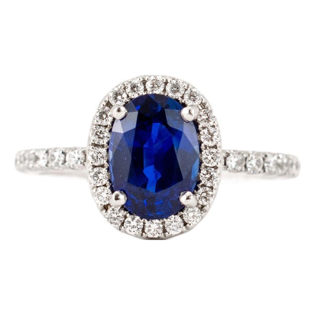 Ladies 18k White Gold 2.16ctw Gia Sri Lanka Sapphire Halo Diamond Cocktail Ring, Size 5.25 For Sale