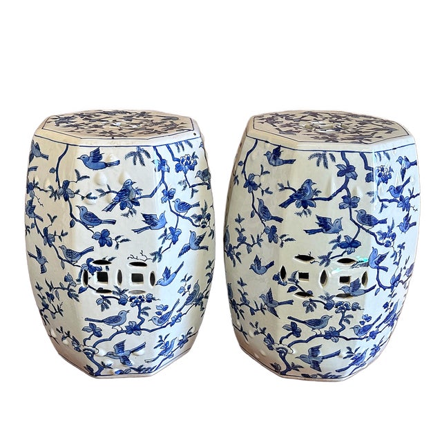 Ceramic Chinoiserie Blue and White Petite Birds Porcelain Garden Stools - A Pair For Sale - Image 7 of 8