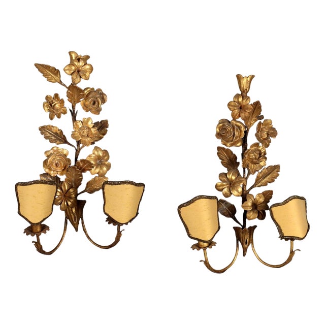 Antique Iron and Gilded Wood Wall Lamps, Italy, 19th Century, Set of 2 For Sale