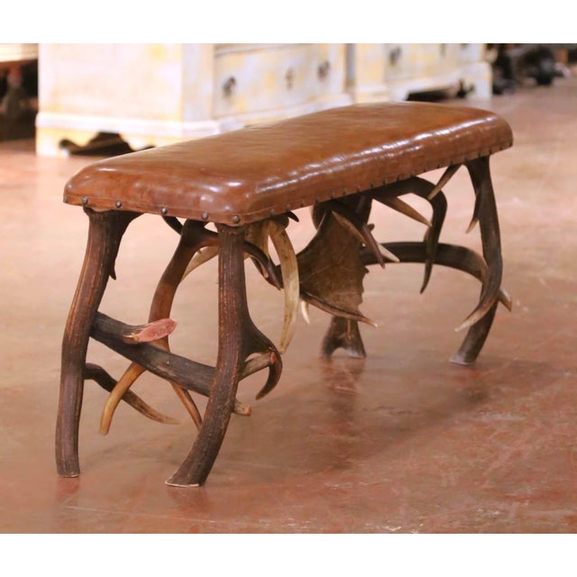 Early 20th Century Austrian Black Forest Antler Lodge Bench With Leather Seat For Sale In Dallas - Image 6 of 14