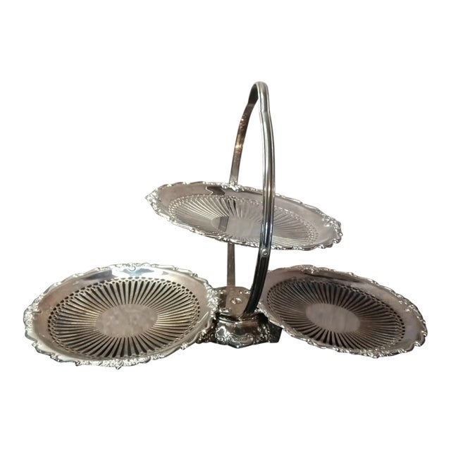 1950s Godinger Silver Queen Anne Filigree 3-Tier Foldable Serving Tray Caddy For Sale