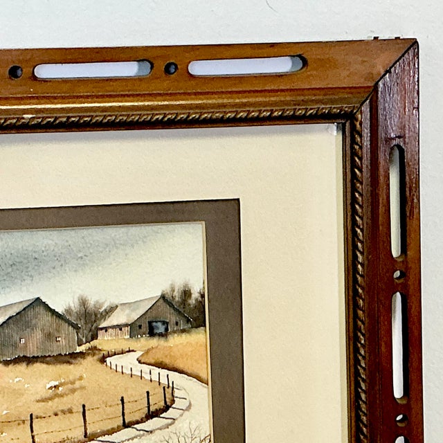 1970s Vintage Impressionist Arts & Crafts Farmhouse Original Watercolor Painting, Two Barns Landscape For Sale - Image 9 of 12