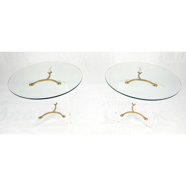 Mid-Century Modern Pair of Glass Top Lucite & Brass Bases End Side Occasional Tables Stands MINT! For Sale - Image 3 of 9