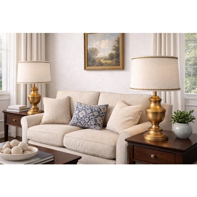 1960s Vintage Solid Brass Table Lamps With Nailhead Linen Shades - a Pair For Sale - Image 5 of 5