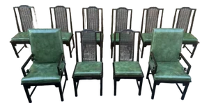Mid 20th Century Century North Carolina Furniture Set of 10 Chinoiserie Style Leather Chinoiserie Cane Back Dining Chairs