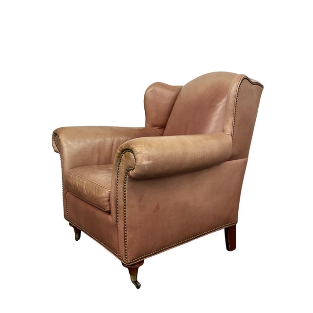 Late 20th Century Vintage Baker Milling Road Leather Wingback Chair & Ottoman With Nailheads and Casters For Sale - Image 5 of 12