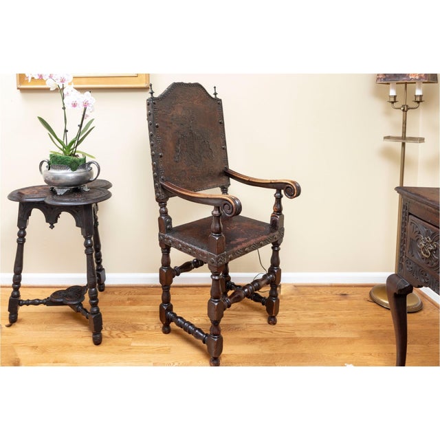 Early 19th Century Jacobean-Era Tooled Leather Back & Seat Chair For Sale - Image 9 of 10