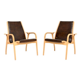 Vintage Swedish Leather Lamino Armchairs attributed to Yngve Ekström for Swedese, 1970s, Set of 2 For Sale