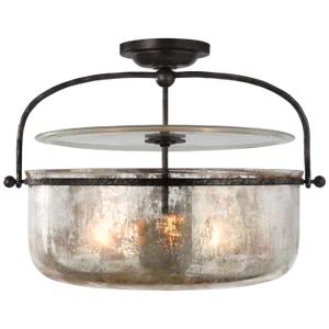 Chapman & Myers for Visual Comfort Signature Lorford Medium Semi-Flush Lantern in Aged Iron with Mercury Glass