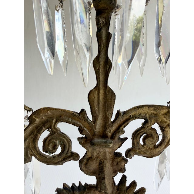 Antique Brass Victorian Couple 3 Arm Girandole Candlestick With Marble Base & Prisms For Sale - Image 15 of 17