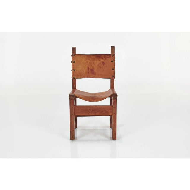 Early 20th Century Early 20th Century Spanish Hand-Crafted Oak & Cognac Studded Leather Dining Chairs- Set of 8 For Sale - Image 5 of 12