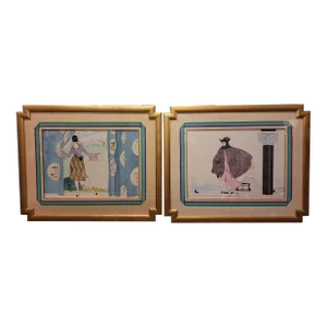 Pair Of Jay Spectre Collections Modern Art Deco Style Watercolors in Original Gold Leaf Frames