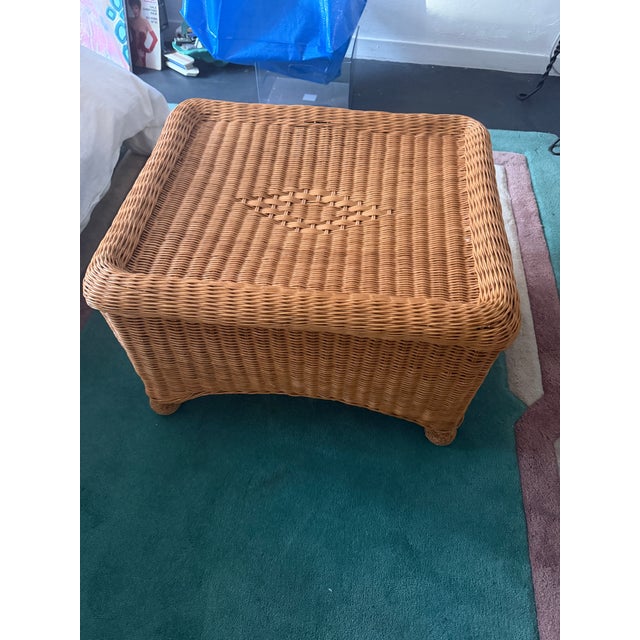 1960s Vintage 1960s Handcrafted Wicker Coffee Table & Ottoman With Bun Feet For Sale - Image 5 of 5