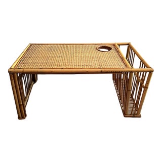 1970s Bamboo and Rattan Bed Tray Breakfast Tray With Cup Holder and Magazine / Newspaper Side Storage For Sale