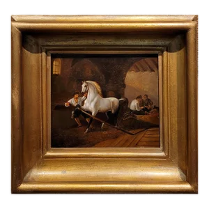 Flemish School -White Horse in Stable W/ Handler-19th Century Oil Painting