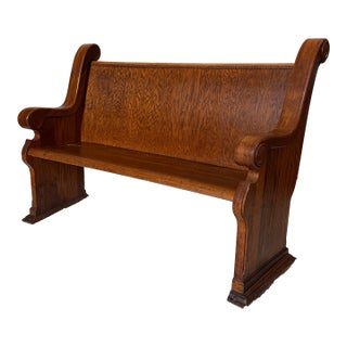 Antique Solid Mission Carved Oak Wood Church Pew Bench For Sale