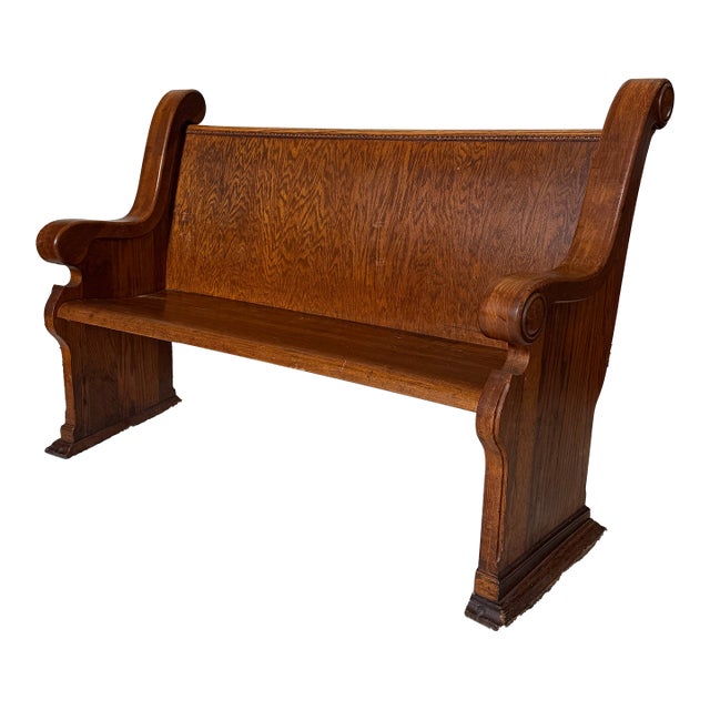 Antique Solid Mission Carved Oak Wood Church Pew Bench For Sale