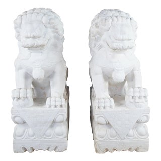 Mid 20th Century Pair of Chinese Marble Foo Dog Guardian Fu Lion Temple Garden Statues 41" For Sale