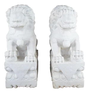 Mid 20th Century Pair of Chinese Marble Foo Dog Guardian Fu Lion Temple Garden Statues 41"