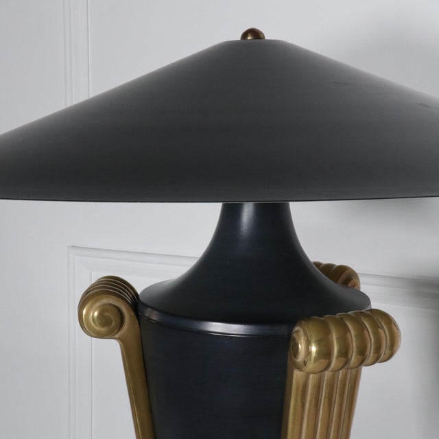Stunning modern art deco brass and ebonized urn lamp with metal shade. Double light socket fittings. Attributed to Michael...